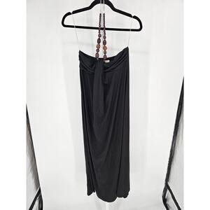 Vtg Y2K L8ter Womens Sz S Maxi length Halter Dress Black w/ Wooden Bead String